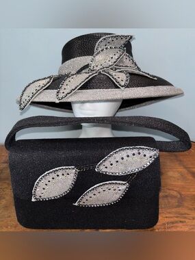 Milano Paris NY Women’s Hat Black & Silver Embellished with Matching Handbag Set
